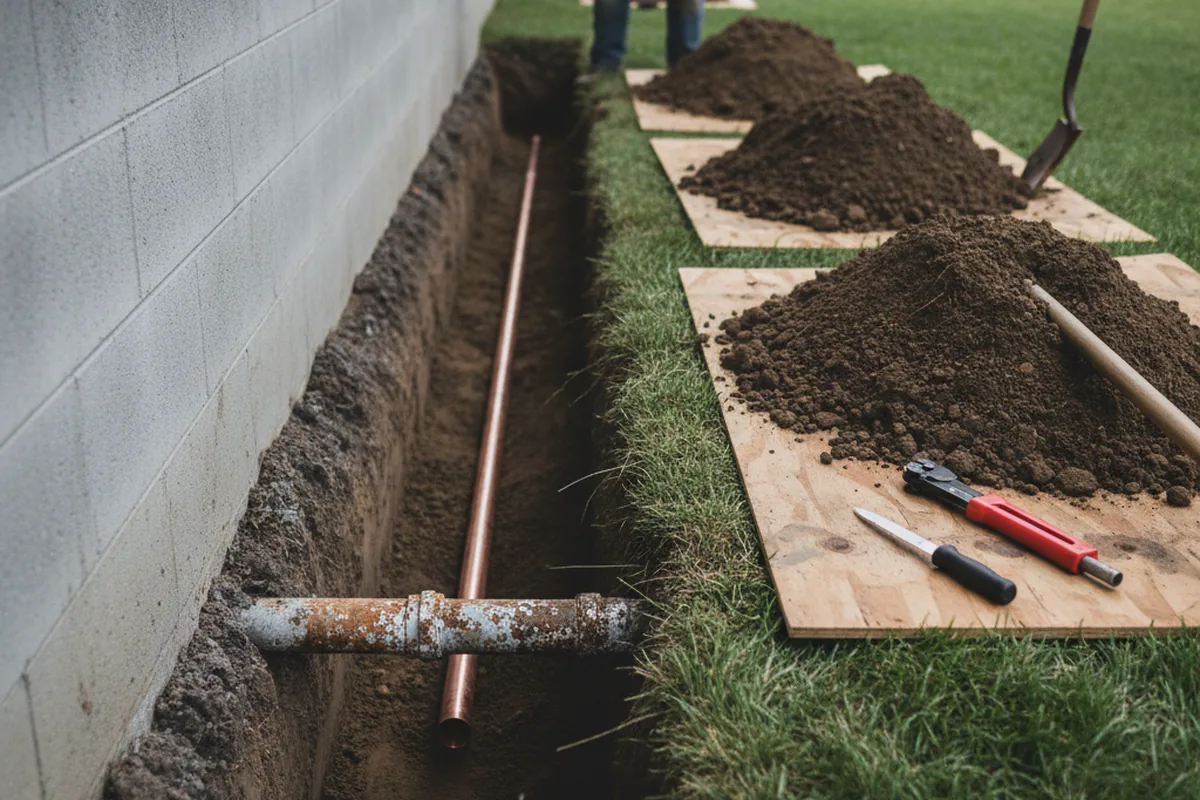Excavated water line trench during Water Softener Installation in Red Springs